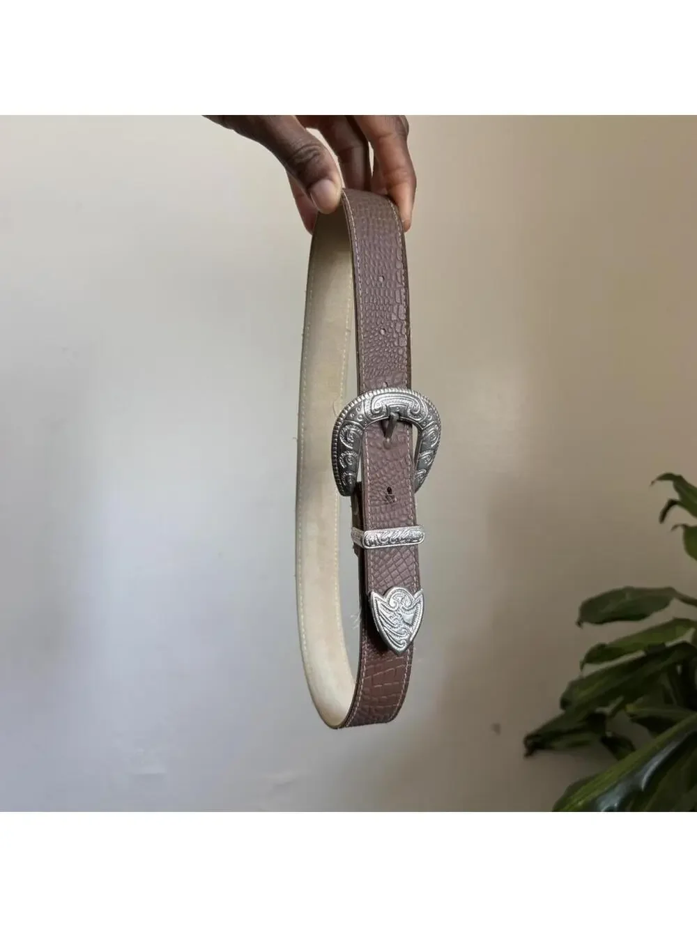 Vintage Y2K Western Faux‎ Croc Belt Ornate Silver Buckle fits like XS